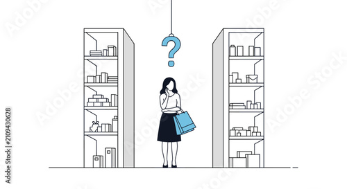 Confused young woman standing between two store shelves with shopping bags and a question mark above her head.