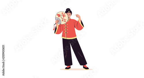 Person dressed in traditional red Chinese clothing holding an elegant hand fan decorated with flower blossoms.