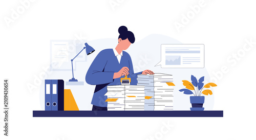 Hardworking female office worker stamping documents amidst high stacks of paperwork on her busy office desk.