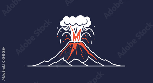 Volcano erupting with red hot lava, smoke clouds, and volcanic ash on a dark background, minimal flat vector landscape illustration.