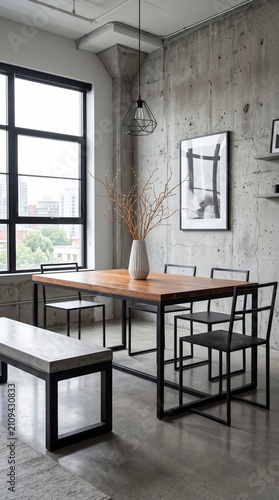 Modern dining room with wooden table and minimalist decor. Elegant interior design for home or restaurant settings.