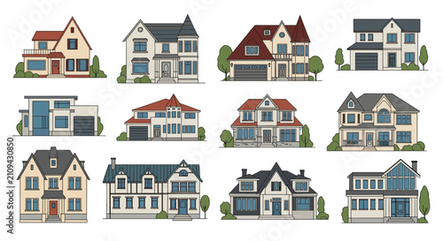 Collection of modern suburban house architectural designs in various styles, real estate and cottage concept, vector illustration.