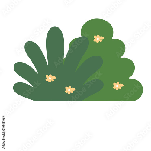 Green bush illustration with small flowers. Flat vector shrub for garden design projects.