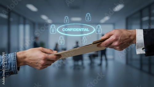 Closeup of two people exchanging a confidential folder in an office setting, representing secure document transfer and corporate privacy
