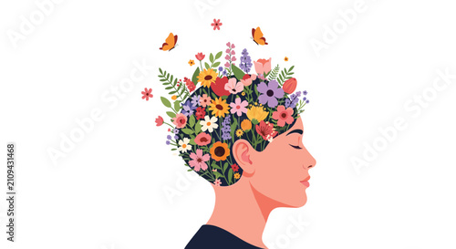 Side view silhouette of a young woman head with colorful blooming flowers and butterflies representing positive mental health.