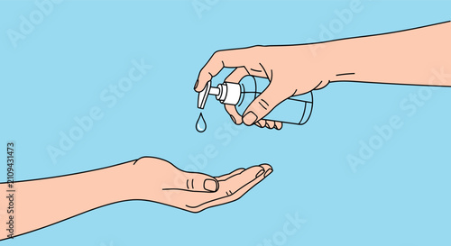 Person dispensing liquid hand sanitizer onto another hand for hygiene and virus protection on blue background.