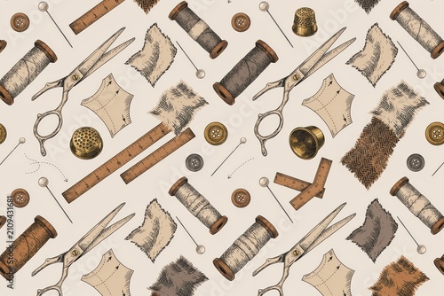 Seamless pattern of sewing and tailoring tools including metal scissors, wooden spools of thread, fabric scraps, thimbles, buttons, and rulers