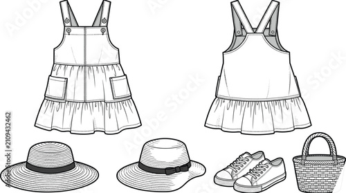 Quadro su tela Kids tiered pinafore dress with straw hat sneakers and basket technical flat ske