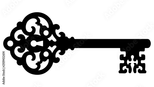 Ornate Vintage Skeleton Key Silhouette with Filigree Detail Isolated on Transparent Background Vector Cutout