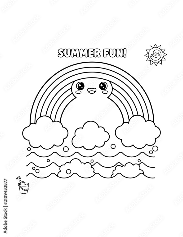 Obraz premium Cute Smiling Rainbow Above Ocean Waves Coloring Page – Printable Black and White Outline Educational Worksheet for Kids