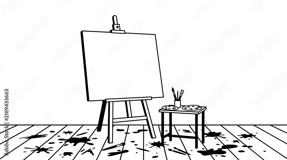 Fototapeta premium Artist Studio Interior with Blank Canvas on Easel and Painting Tools