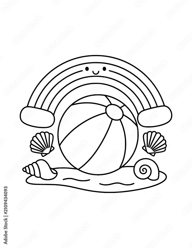 Obraz premium Summer Rainbow Beach Coloring Page – Printable Black and White Outline Educational Worksheet for Kids