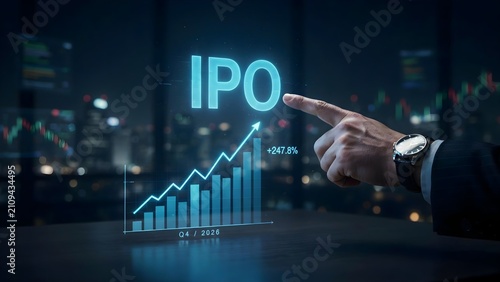 Businessman pointing at a glowing ipo text and a rising stock market graph with a 2478 percent growth indicator, representing financial success and investment opportunities in the stock market