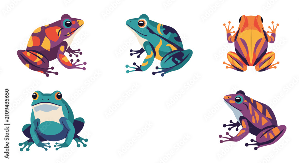 Fototapeta premium Set of five colorful tropical poison dart frogs with vibrant patterns, shown in different angles on a white background.