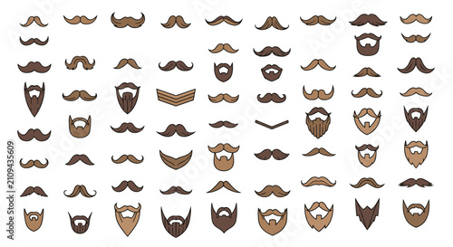 Comprehensive collection of diverse mustache and beard styles for men, shown in various shapes, sizes, and brown shades.