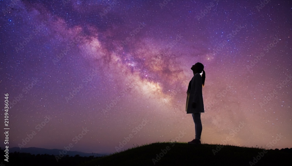 Obraz premium 天の川を見上げる人物のシルエットと幻想的な星空