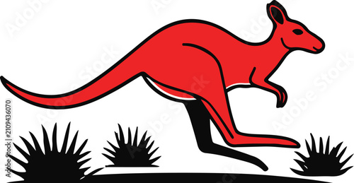 Obraz na plátne A stylized red kangaroo leaps energetically through sparse vegetation, embodying speed and dynamism in a graphic illustration
