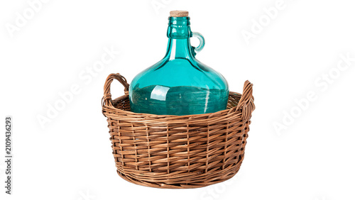 Foto Large empty blue glass carboy bottle inside wicker basket container isolated on