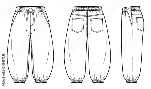 Oversized Balloon Pants Flat Technical Drawing with Front Back Side Views CAD Vector Set