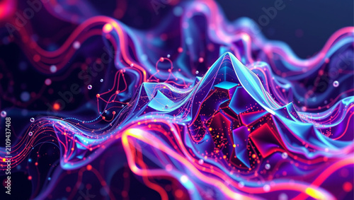 Abstract cyberpunk neon purple and blue glowing fluid waves with glowing particles
