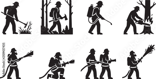 Bild auf Leinwand Comprehensive Wildfire Firefighter Silhouette Icon Set Featuring Professionals Using Chainsaws, Hoses, Axes, and Protective Gear for Emergency Rescue and Forest Fire Prevention Designs