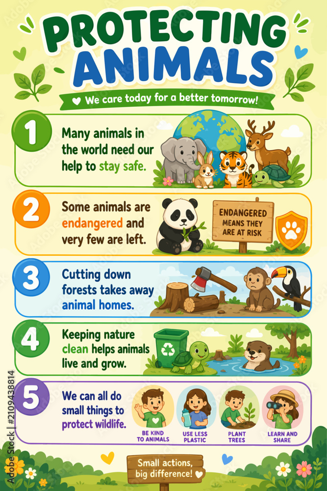 Fototapeta premium animal, wildlife, protection, conservation, infographic, educational, kids, endangered, poster, cartoon, children, learning, nature, panda, elephant, tiger, forest, environment, care, planet, classroo