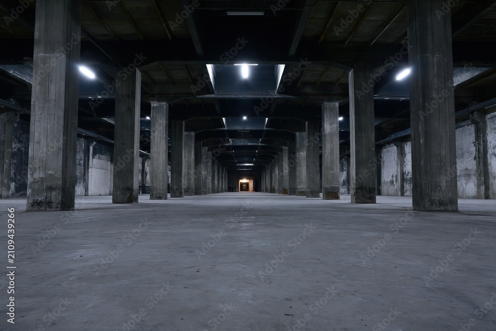 Obraz premium The vast empty industrial warehouse corridor with pillars receding to a distant light