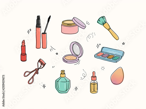  A charming, hand-drawn vector illustration clip art set featuring an assortment of essential makeup and beauty products.