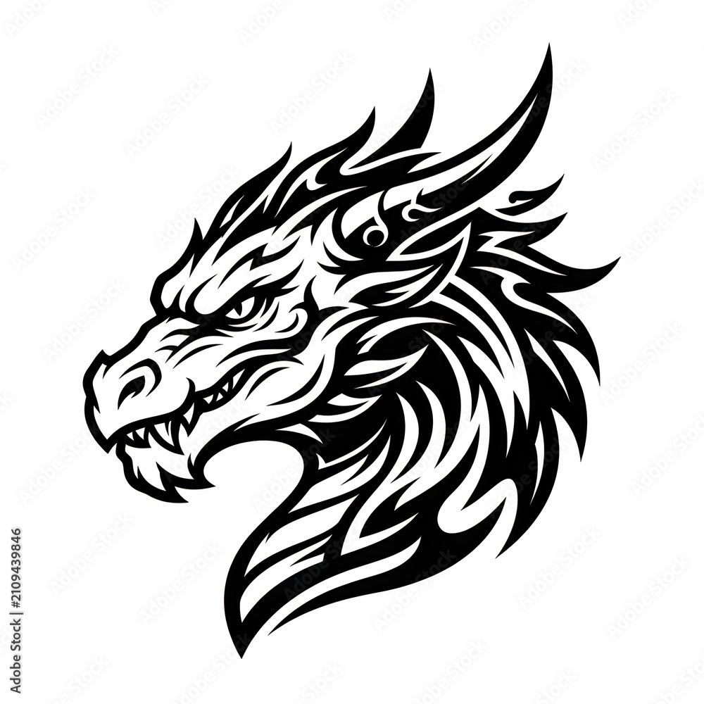 Fototapeta premium Fierce Tribal Dragon Head Logo Black and White Vector Illustration