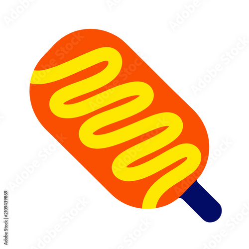 Flat vector illustration of a Korean corn dog with bright orange coating and yellow wavy sauce line, minimal geometric design, isolated on transparent background, modern food icon style.