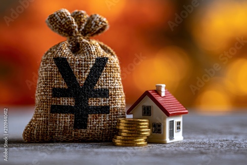 Japanese currency sack with small house model and gold coins in warm golden lighting macro shot for real estate and mortgage advertising