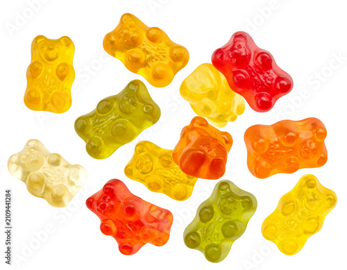 Red and Yellow Heart Shaped Gummy Candies Isolated on White Background, Colorful Sweet Jelly Candy Snacks with Sugar Coating and Vibrant Fruit Colors Macro Closeup