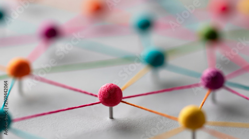 Colorful spheres connected by threads represent a global network. Perfect for connectivity, teamwork, and data.