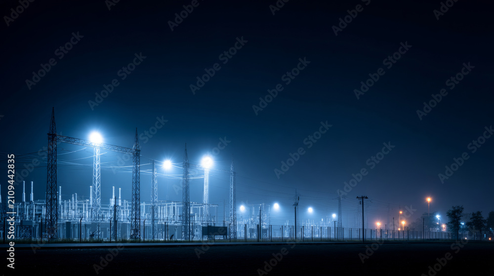 Fototapeta premium Electric power substation illuminated at night