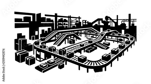 Warehouse Fulfillment Center Illustration with Conveyor Belts and Cardboard Boxes Vector