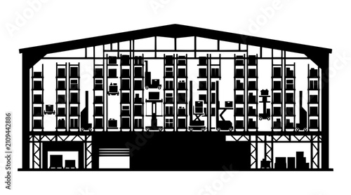 Warehouse Interior Silhouette with Storage Racks and Forklifts