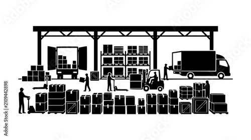 Warehouse Logistics and Distribution Center Silhouette Illustration with Workers and Forklift