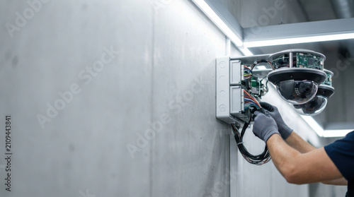 Security camera installation with wiring harness by technician wearing gloves in modern building