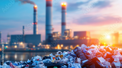 Waste to energy facility with large pile of garbage in foreground, showcasing contrast between waste and energy production