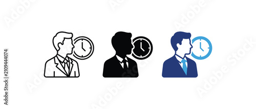 Photos Time management icon, businessman with clock symbol, work hours schedule sign, punctuality deadline graphic