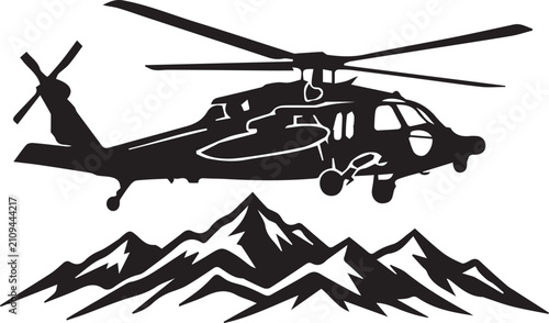 Cuadro en lienzo Helicopter flying over mountains vector icon silhouette transport