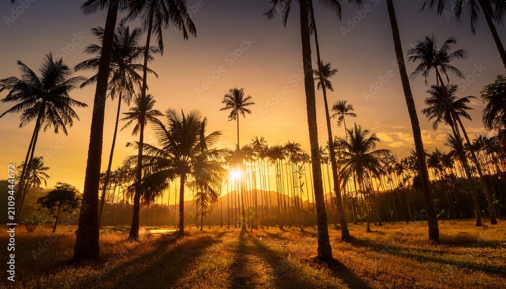 Obraz premium A Golden Sunset Bursts Through A Dense Grove Of Tall Palm Tree Trunks Casting Long Shadows Across The Dark Foreground While Illuminating The Tropical Landscape With A Warm Radiant Glow