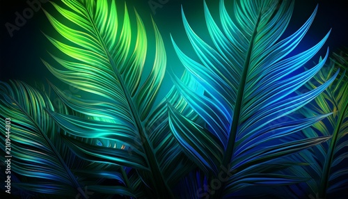 Green And Blue Neon Light With Tropical Leaves