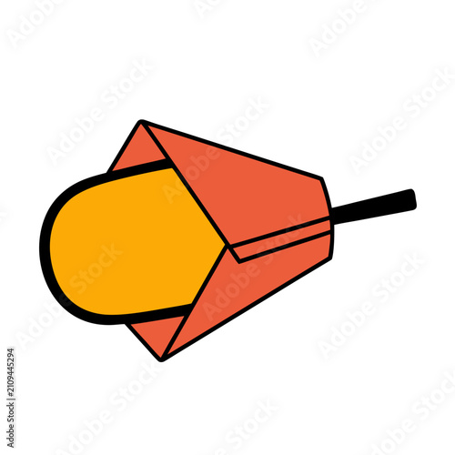 Flat vector illustration of a Korean corn dog in a paper food tray, bold outline, minimal modern style, isolated on white background, street food concept.