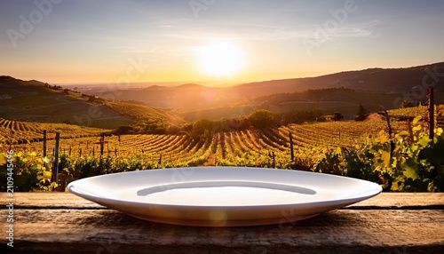 Empty Plate On Rustic Table Overlooking Vineyard At Sunset Serene Landscape With Golden Light Illuminating Hills And Grapevines Perfect For Culinary Themes