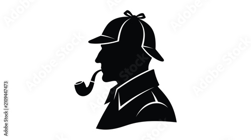 Black silhouette of a detective wearing a deerstalker hat and smoking a tobacco pipe illustration