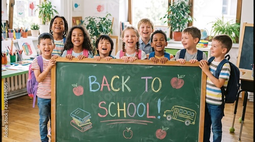 A group of diverse, happy elementary school children smiling while holding a chalkboard sign that reads 