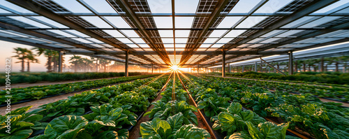 Agrivoltaic farm field with organic vegetables growing under elevated solar panels