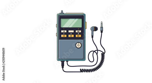 Retro portable audio cassette player with connected wired earphones shown on a clean white background in flat style.