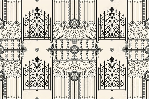 Seamless pattern featuring intricate black wrought iron gate with decorative scrollwork and classic metal fence